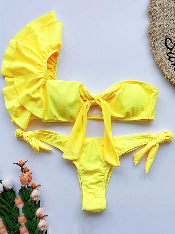 Strapless One-Shoulder Falbala Bandage Bikini Swimsuit