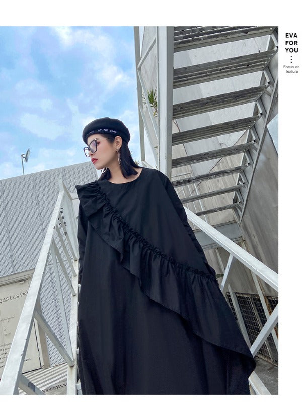 LOOSE BLACK FALBALA HIGH-LOW DRESS