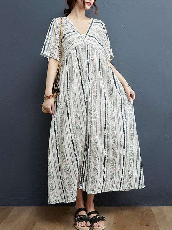 Floral Printed Casual V-Neck Buttoned Midi Dress