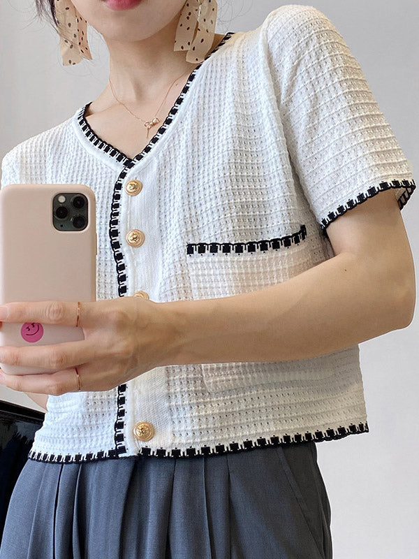 Casual Black&White V-Neck Short Sleeves Knitwear Cardigan