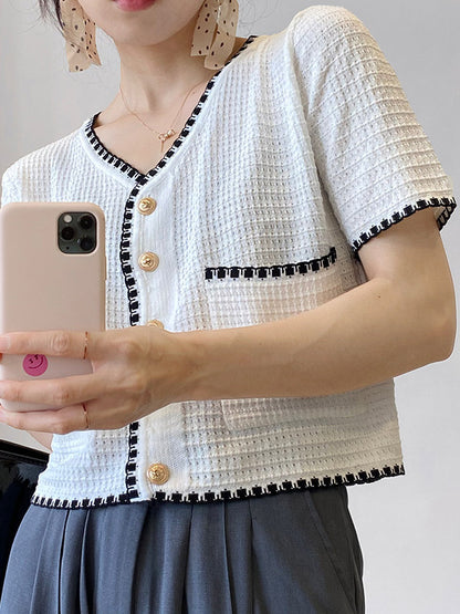 Casual Black&White V-Neck Short Sleeves Knitwear Cardigan