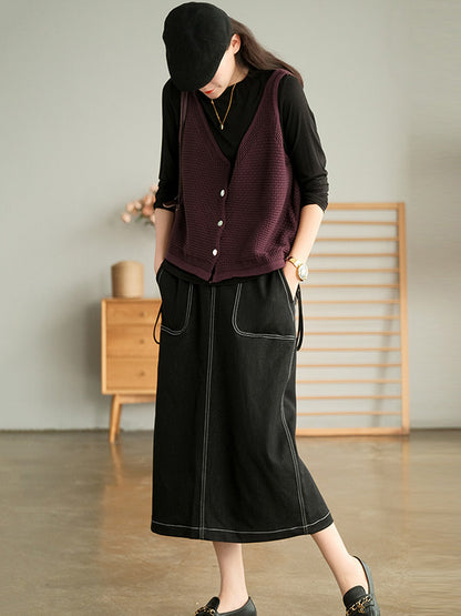 Simple Solid Color Buttoned V-Neck Hollow Vest Tops