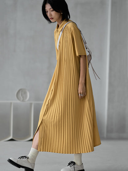 Stylish Split-Joint Pleated Belted Lapel A-Line Short Sleeves Midi Dress