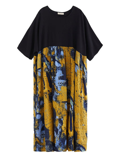 Artistic Retro Floral Printed Split-Joint Pleated Round-Neck Half Sleeves Midi Dress