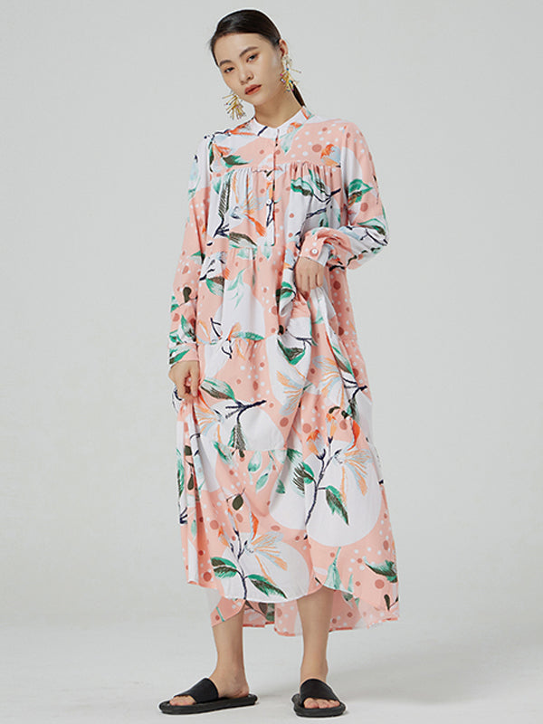 Stylish Buttoned Printed Loose Long Sleeves Midi Dress