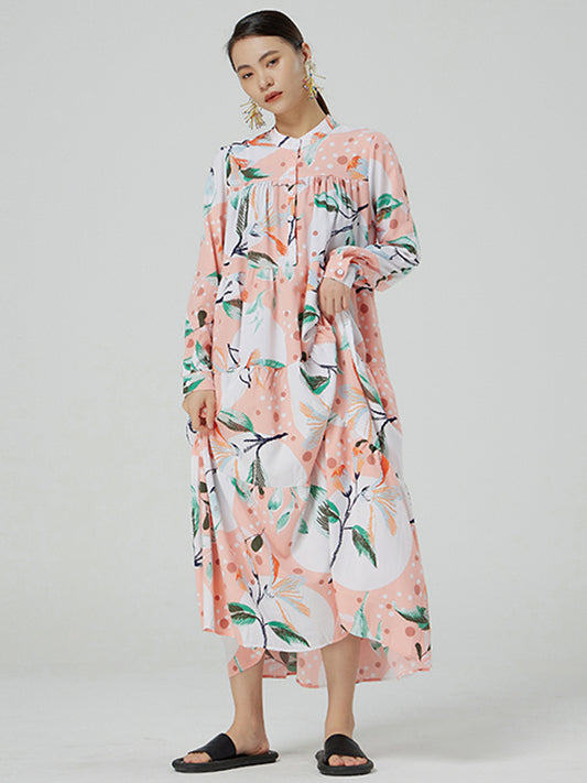 Stylish Buttoned Printed Loose Long Sleeves Midi Dress