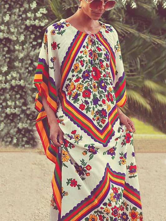 Floral Printed Round-neck Maxi Kaftan Dress