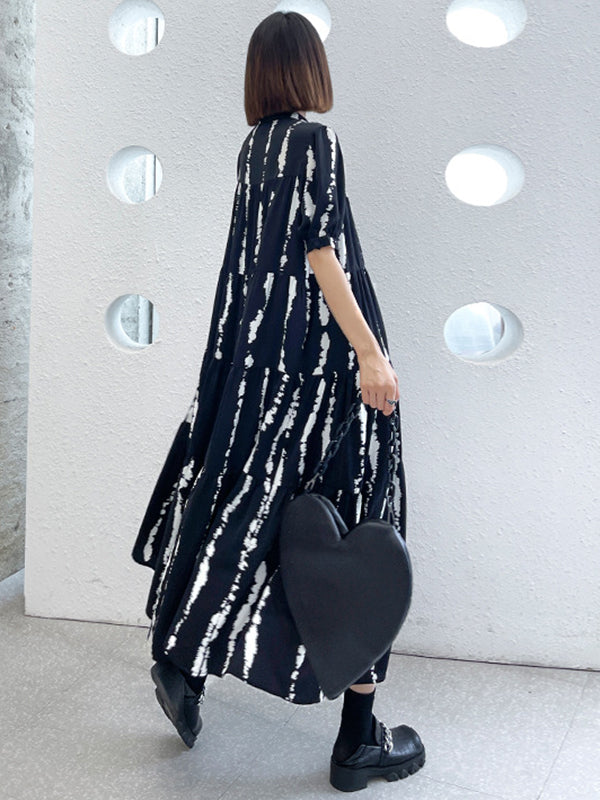 Vintage A-Line Printed Black Midi Dress