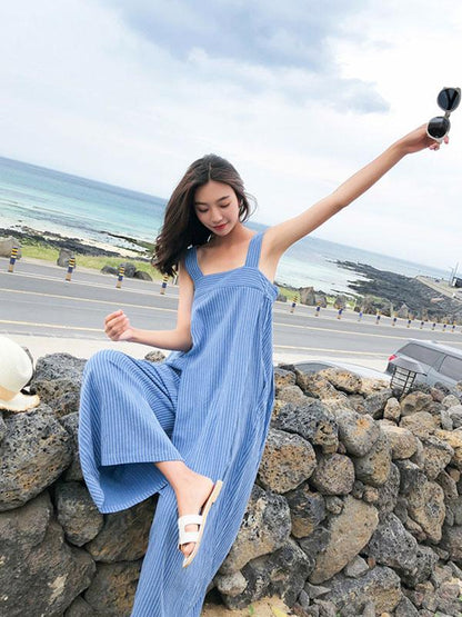 Blue Striped Sleeveless Wide Leg Jumpsuits