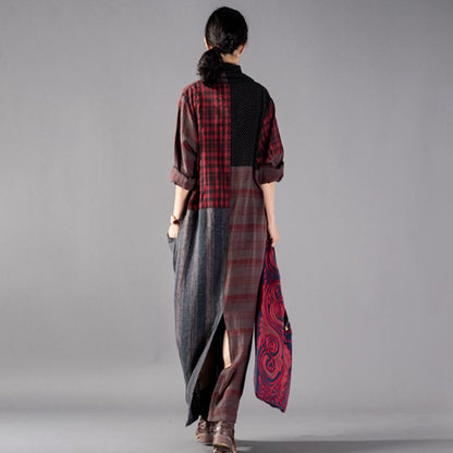 Stripe Plaid Dot Split Hem Retro Dress