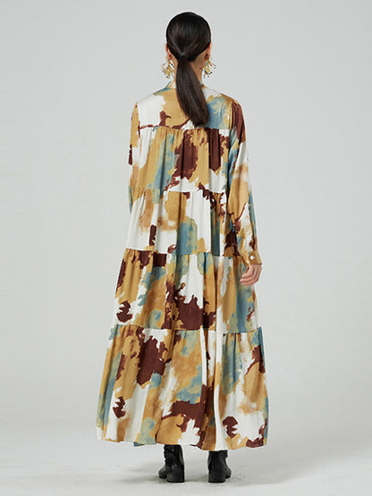 Original Graffiti Contrast Color Tie-Dyed Buttoned Pleated Stand Collar Long Sleeves Maxi Dress