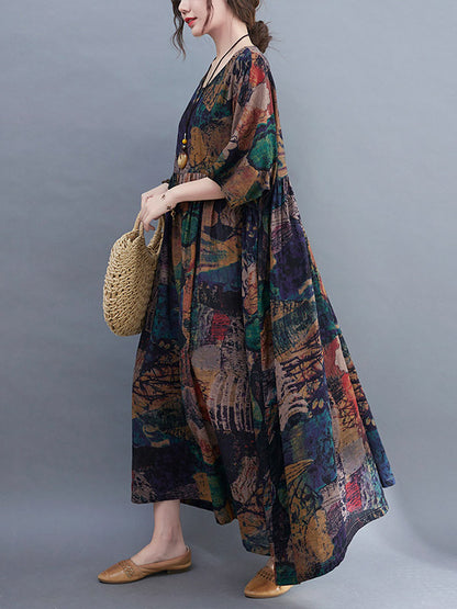 Stylish Printed Round-Neck Loose Batwing Sleeve Midi Dress