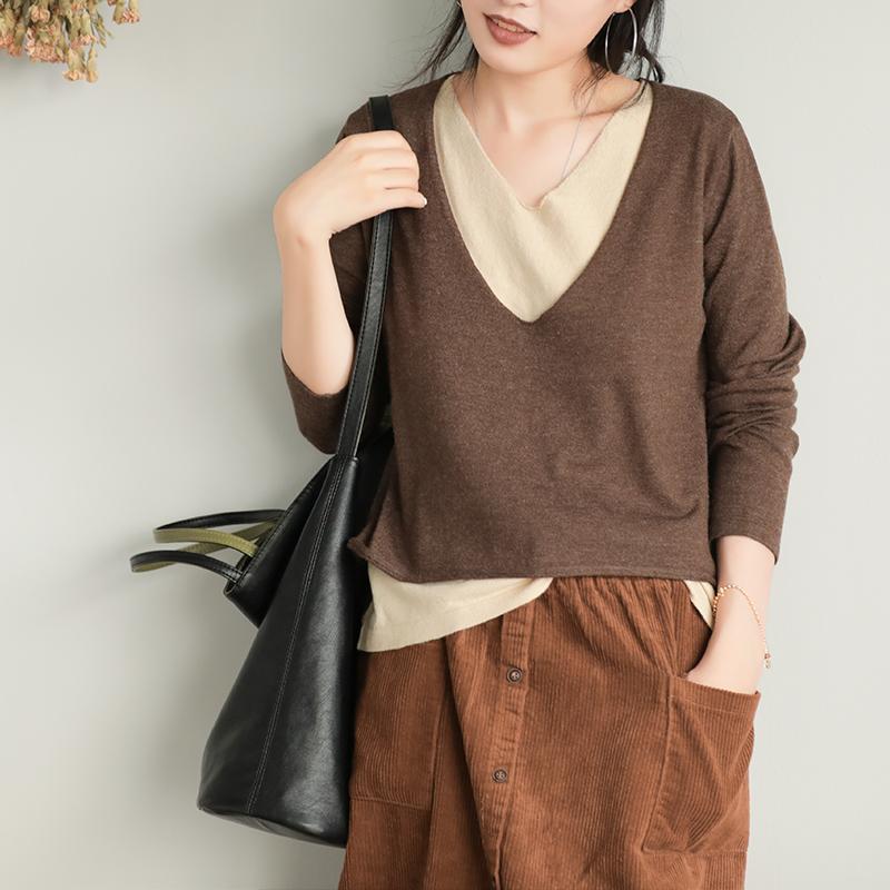 Buykud Solid Color Spliced Fake Two-piece Blouse