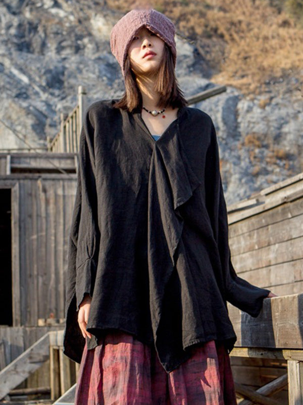 Artistic Retro Irregular Ramie Cotton Pleated V-Neck Long Sleeves T-Shirt