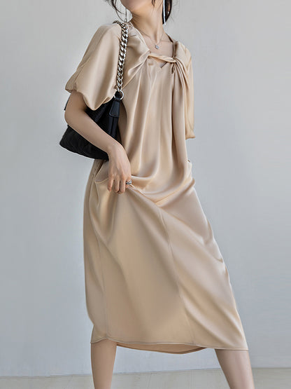 Original Stylish Solid Color Loose Pleated Midi Dress