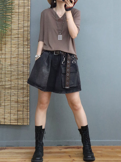 Simple Solid Color V-Neck Short Sleeves T-Shirt Tops