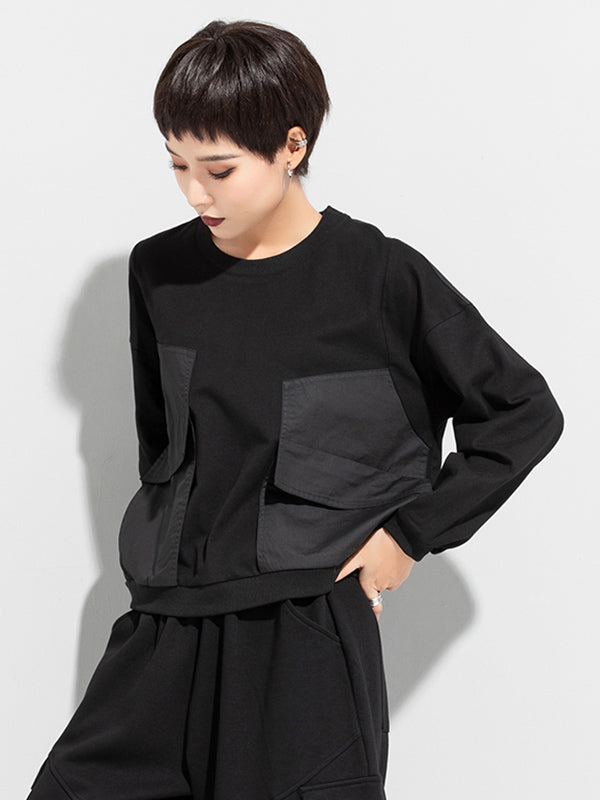 Casual Black Split-Joint Big Pocket Long Sleeves Round-Neck T-Shirt