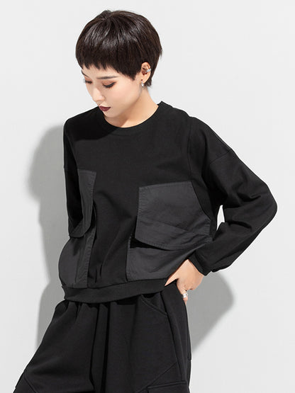 Casual Black Split-Joint Big Pocket Long Sleeves Round-Neck T-Shirt