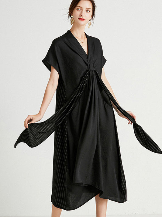 Casual Loose Solid Color Pleated Tied V-Neck Short Sleeves Midi Dress