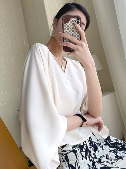 Chic Simple Solid Color Split-Joint V-Neck Batwing Sleeves T-Shirt