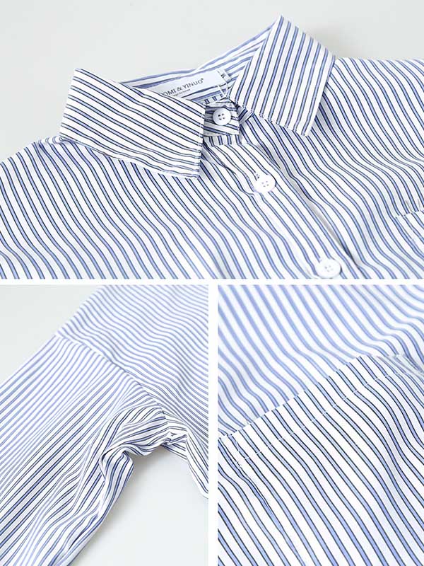 Simple Striped Buttoned Lapel High-Low Long Sleeves Blouse Tops