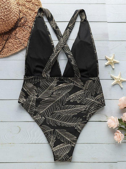 Leaf Pattern Deep V-neck One-piece Swimwear