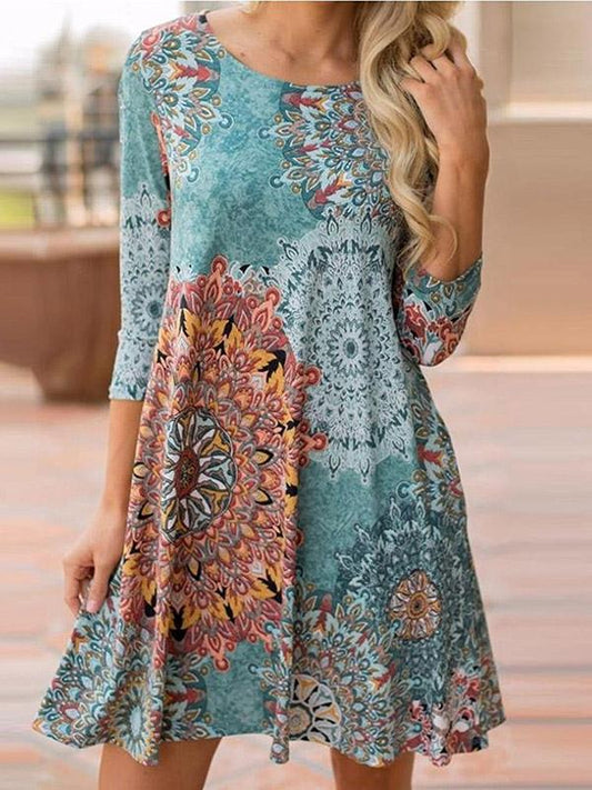 Bohemia Printed Round-neck Mini Dress