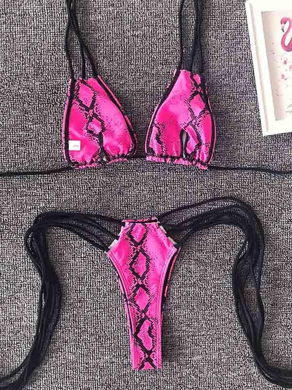 Snake-Print Triangles Bandage Split Bikini Swimsuit