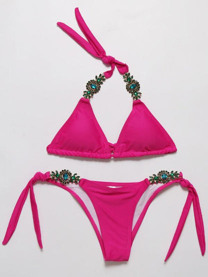 Solid Color Imitated Crystal Decorated Bikinis Swimwear