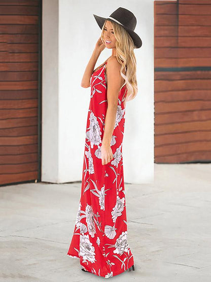 New Floral Printed V-neck Maxi Dress