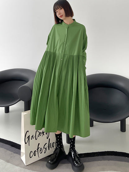 Simple Solid Color Pleated Stand Collar Midi Dress