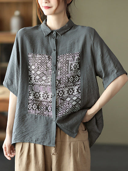 Original Ethnic Printed Lapel Shirt Blouse Tops