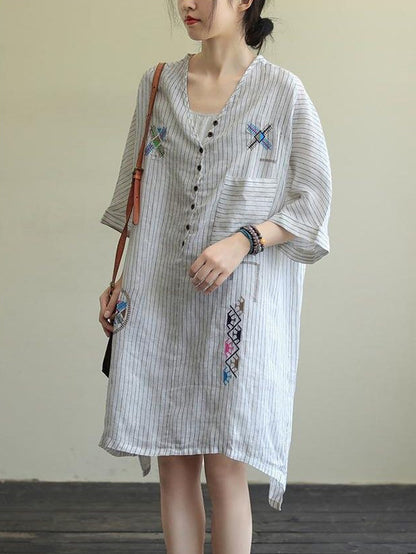 Cotton Blend Embroidered V-Neck Striped Mini Dress