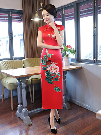 Red Peony Print Side Split Long Cheongsam