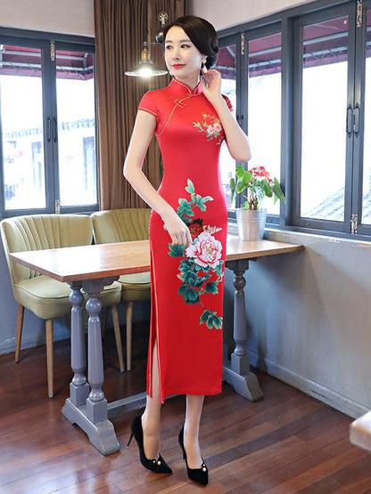 Red Peony Print Side Split Long Cheongsam
