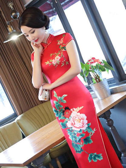 Red Peony Print Side Split Long Cheongsam