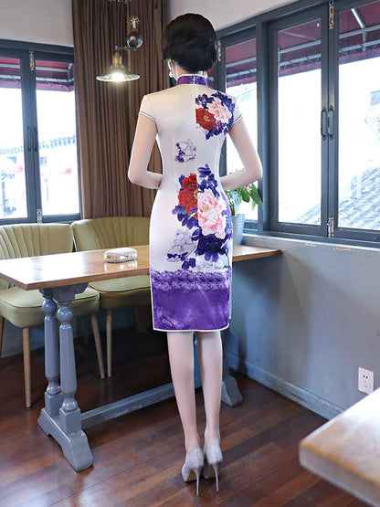 Purple&White Peony Print Stand-collar Short Cheongsam