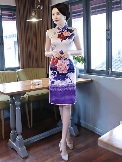 Purple&White Peony Print Stand-collar Short Cheongsam