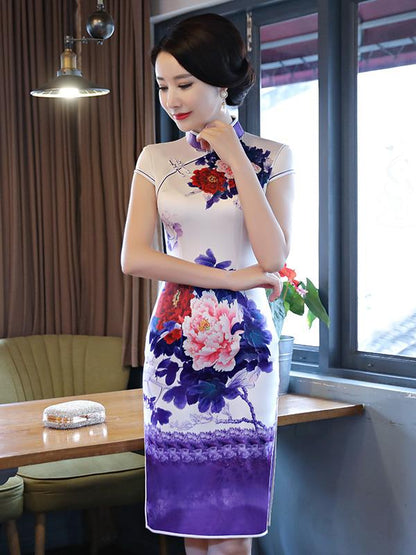 Purple&White Peony Print Stand-collar Short Cheongsam
