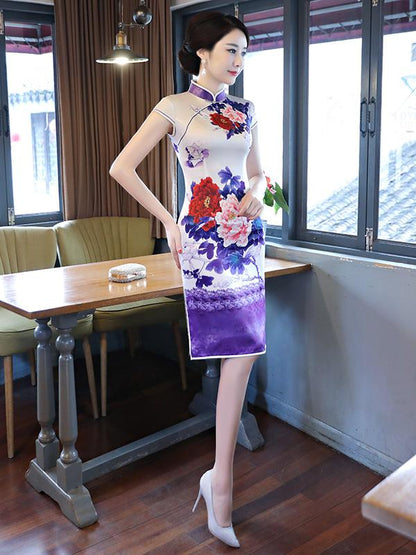 Purple&White Peony Print Stand-collar Short Cheongsam