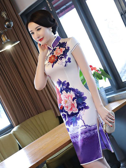 Purple&White Peony Print Stand-collar Short Cheongsam