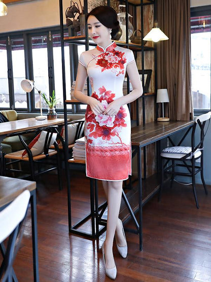 Red&White Peony Print Stand-collar Short Cheongsam