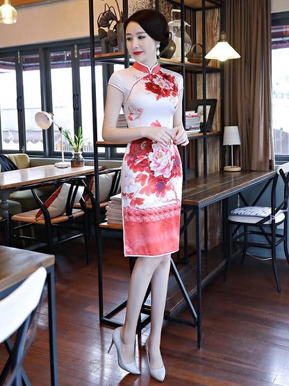 Red&White Peony Print Stand-collar Short Cheongsam