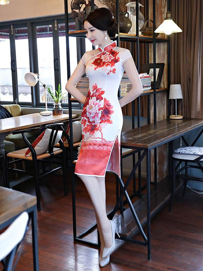 Red&White Peony Print Stand-collar Short Cheongsam