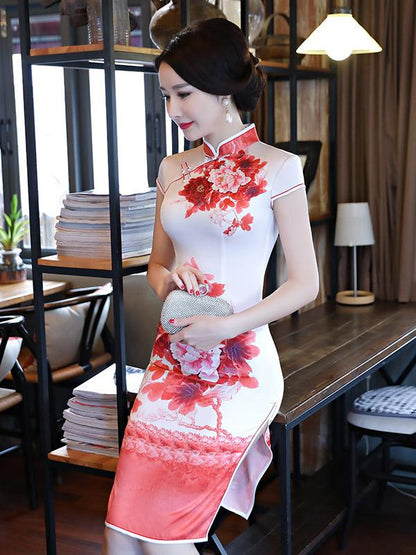 Red&White Peony Print Stand-collar Short Cheongsam