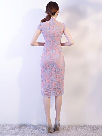 Pink Lace See-through Split-side Short Cheongsam