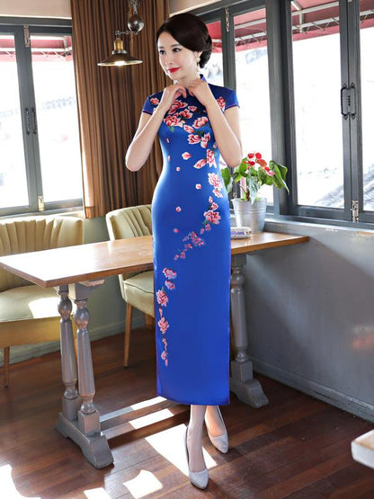 Blue Flower Print Stand-collar Long Cheongsam