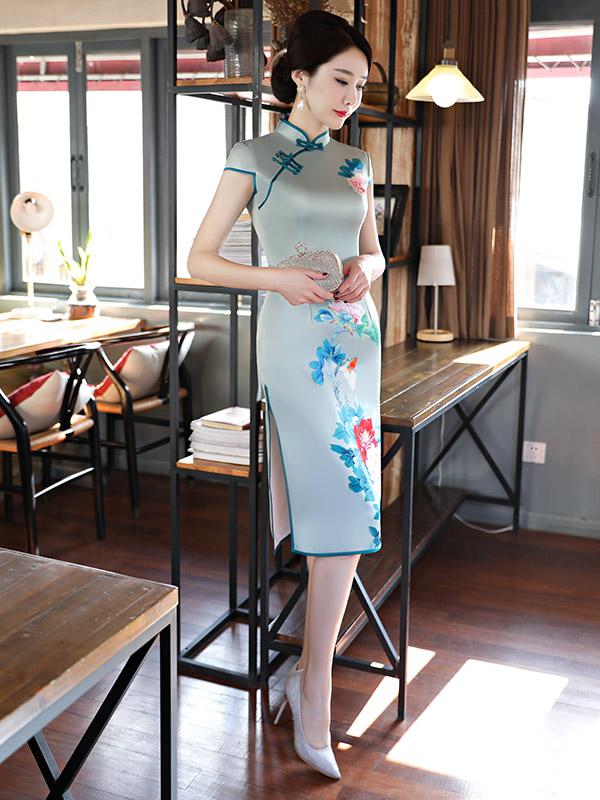 Light-green Peony Print Stand-collar Short Cheongsam