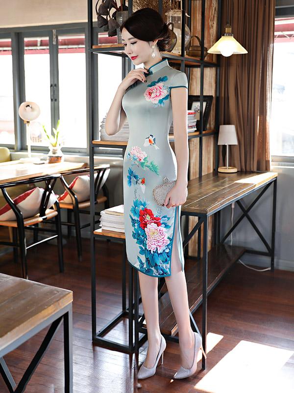 Light-green Peony Print Stand-collar Short Cheongsam