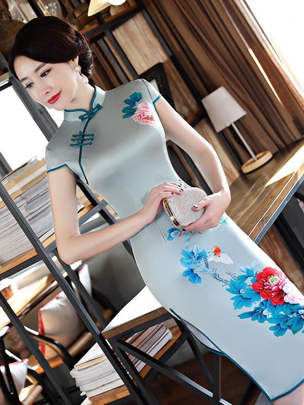 Light-green Peony Print Stand-collar Short Cheongsam